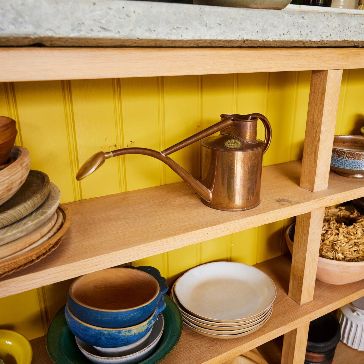 Haws Copper Watering Can on Shelf with Patina