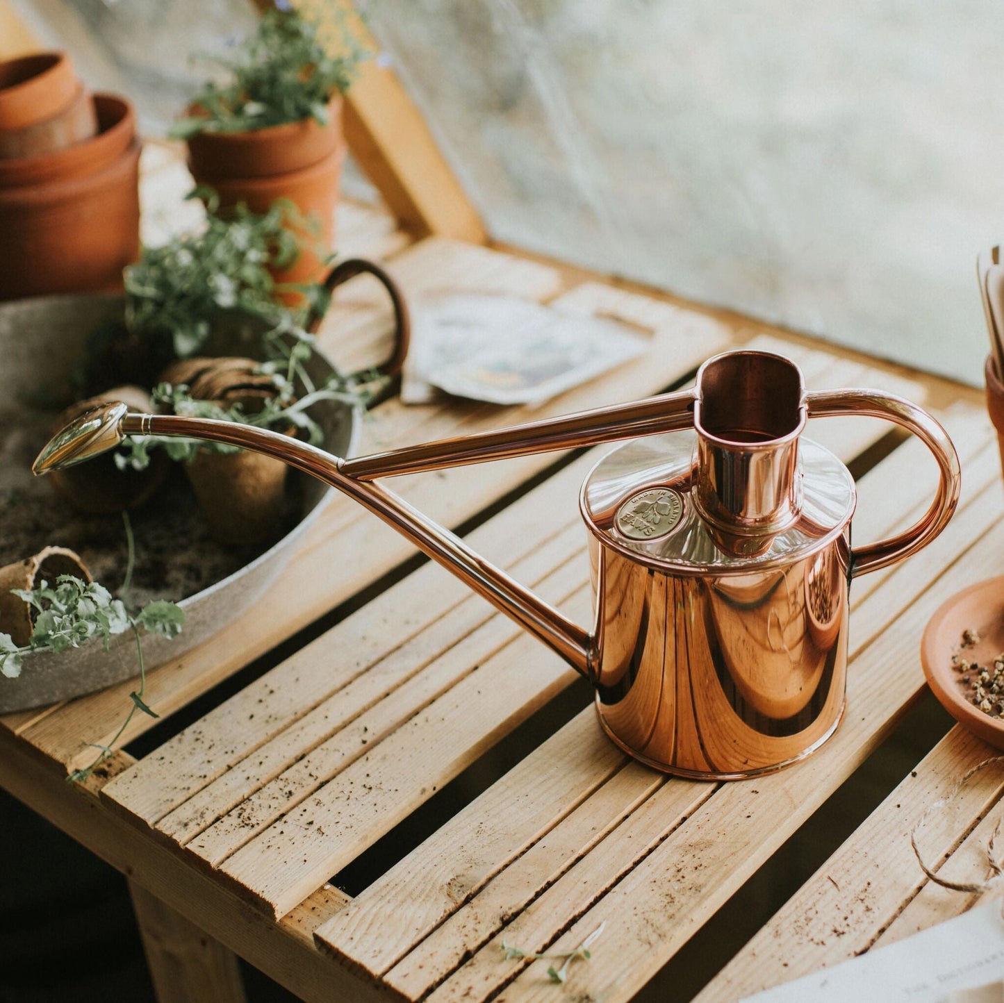 Haws Copper Watering Can on Greenhouse Bench