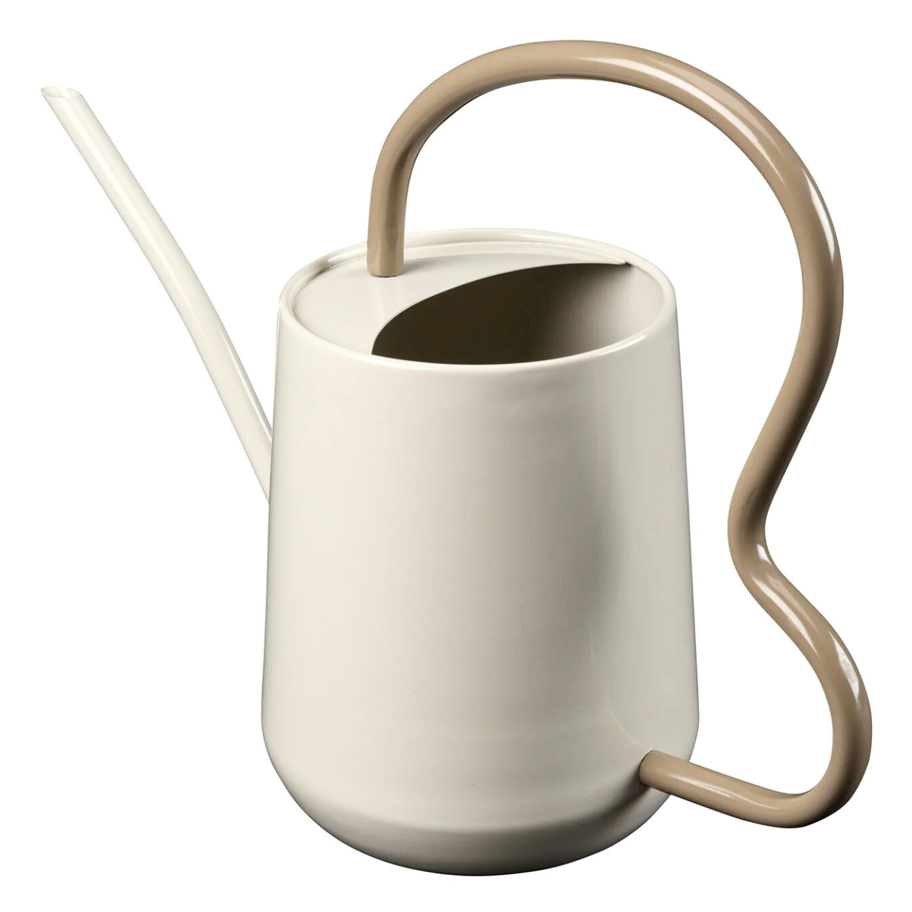 Burgon & Ball beige indoor watering can with curvy brown handle.