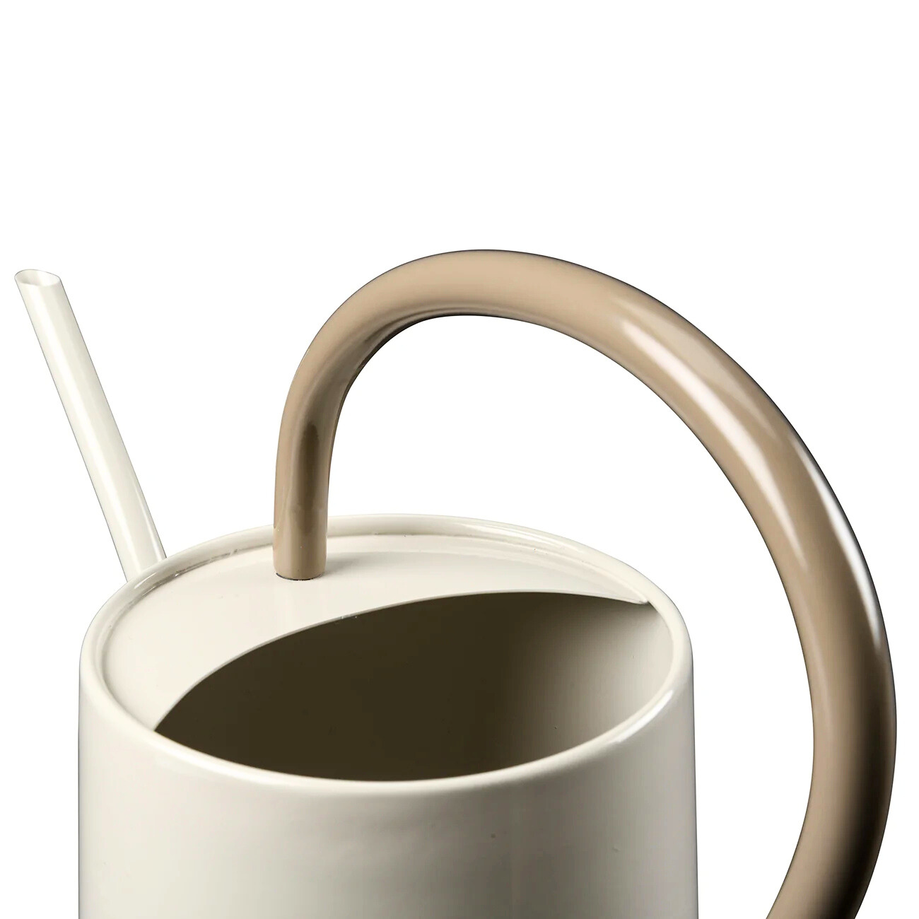 Beige watering can with light brown handle.