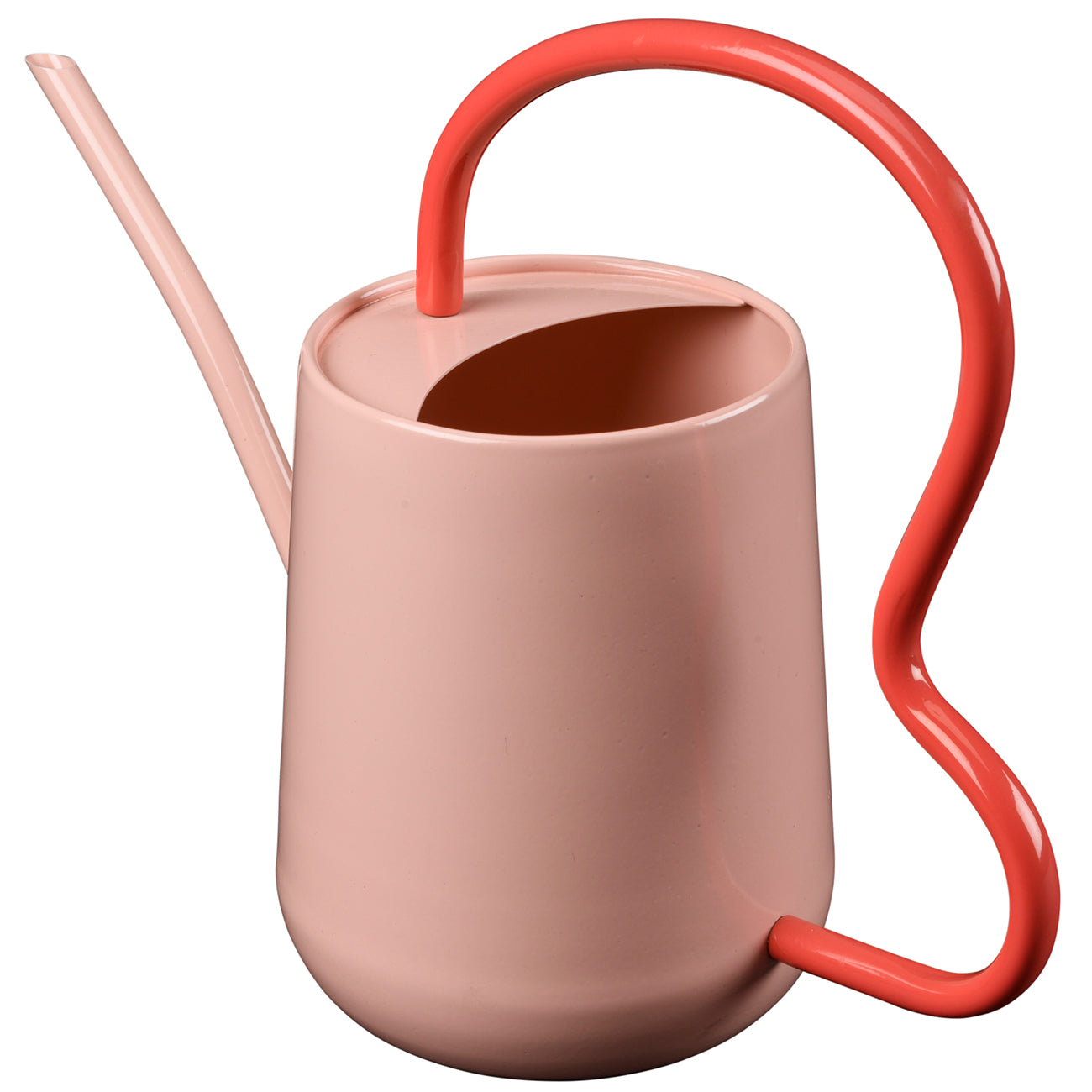 Burgon & Ball pink indoor watering can with curvy red handle.