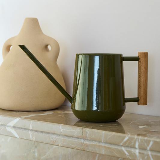 Burgon & Ball Olive Indoor Watering Can on Mantle