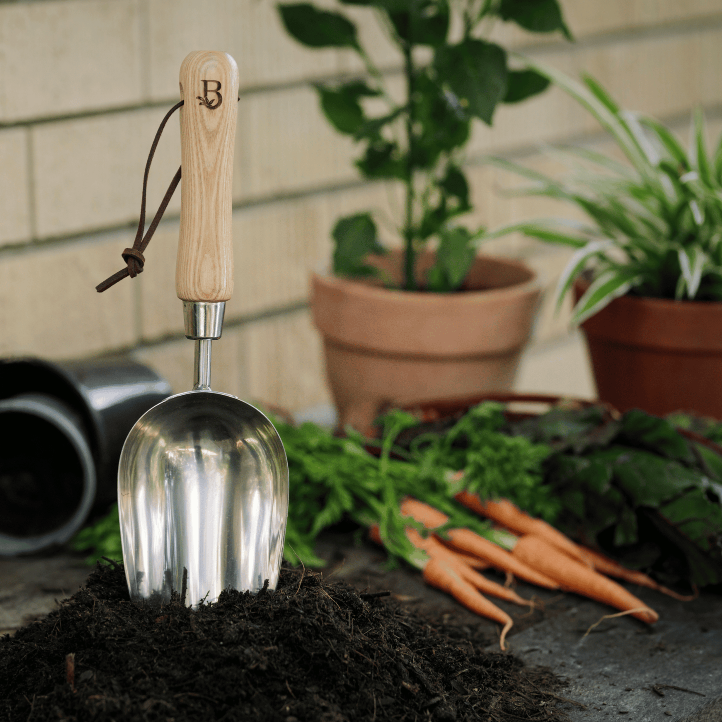 Garden scoop with engraved Backyard Botanist 'B'.
