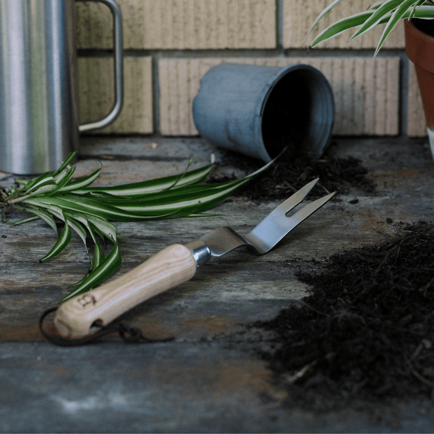 Dandelion Weeding Fork with 'B' Engraving on Potting Bench