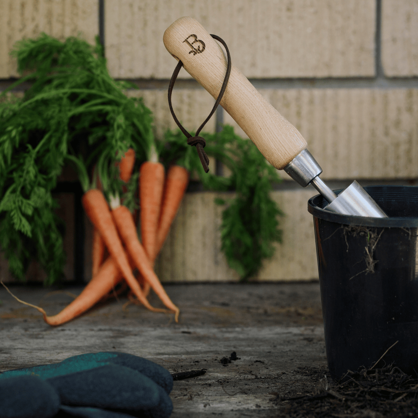 Backyard Botanist 'Get Growing' Small Bulb Planter poking out of nursery pot.