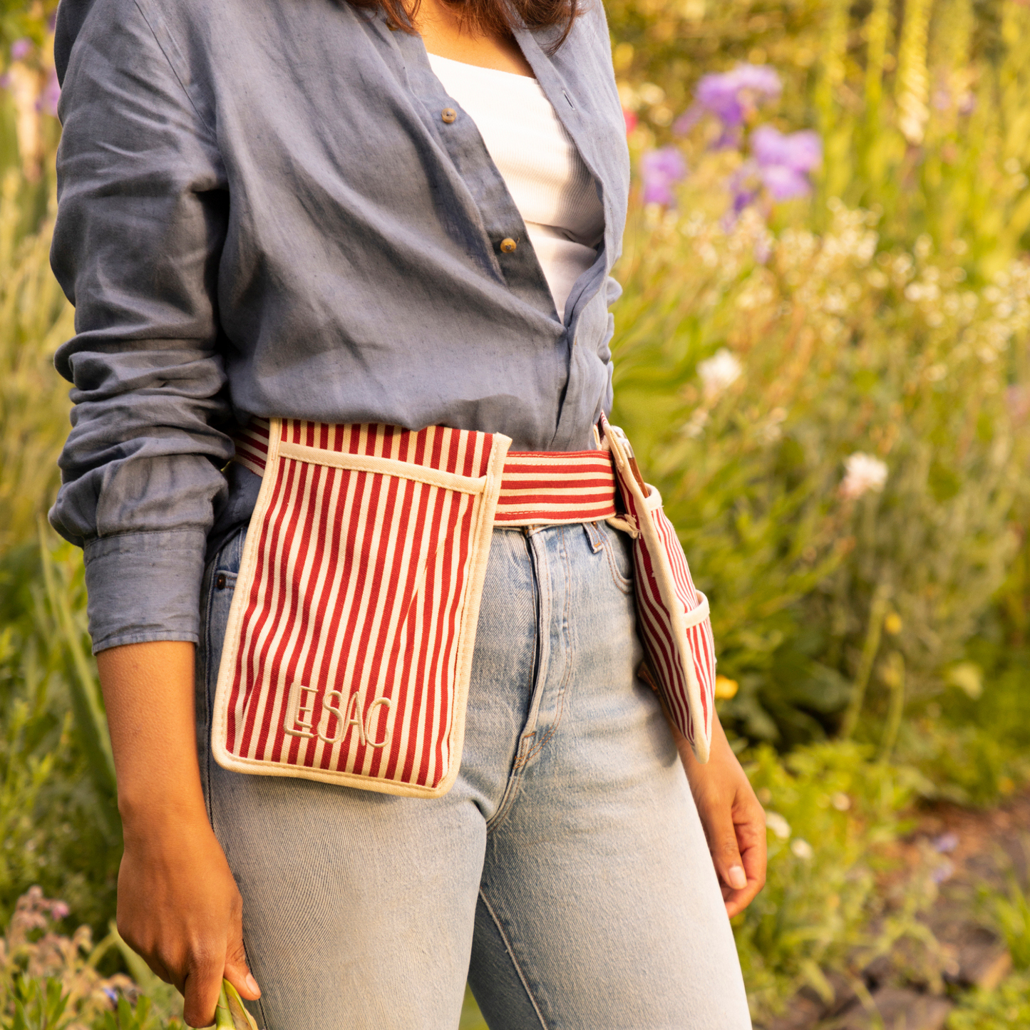 Gardener wearing Le Sac Garden Tool Belt, Striped