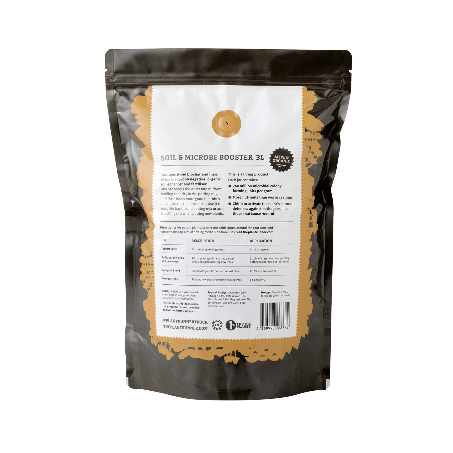 Plant Runner Soil & Microbe Booster New 3L Pouch Rear Information
