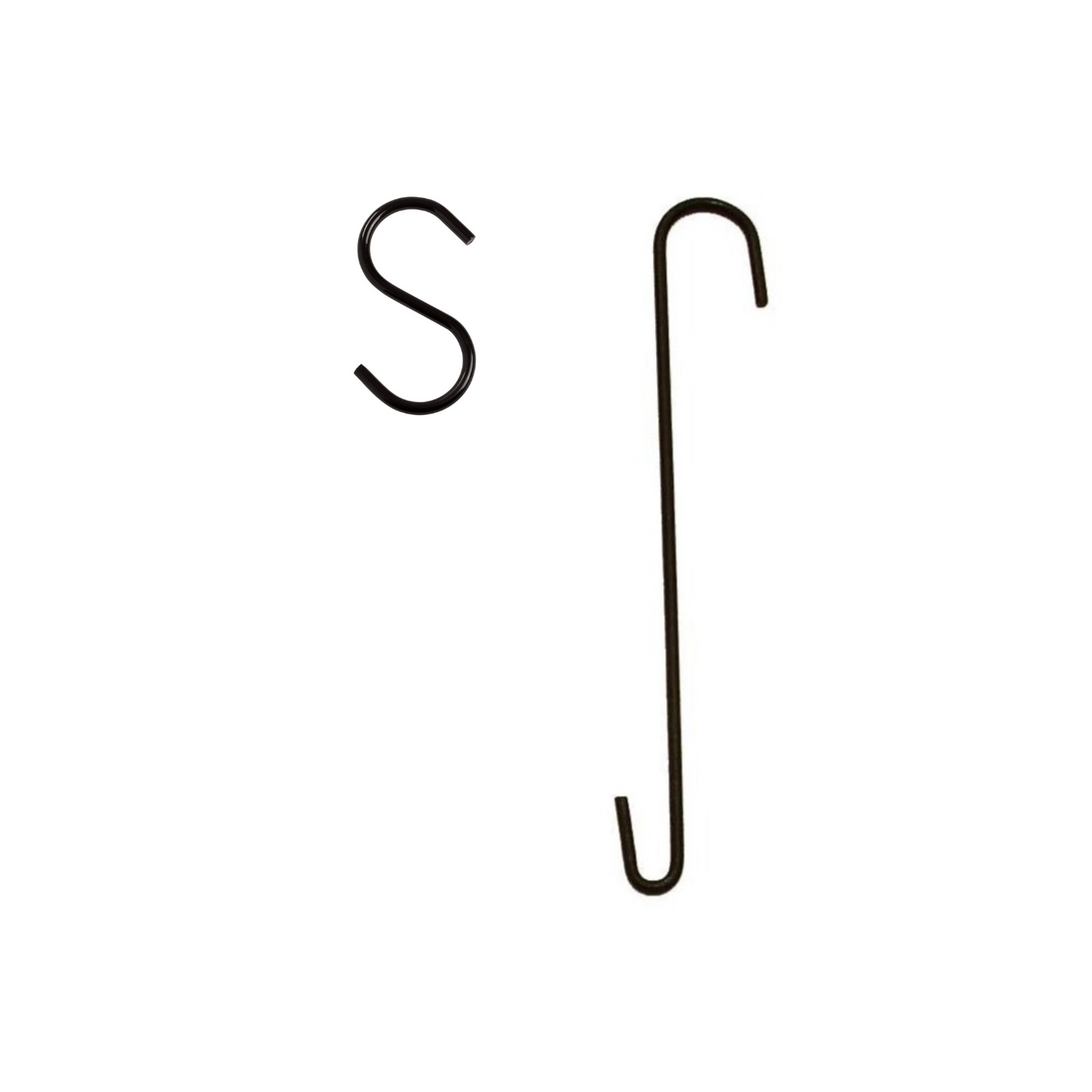 6mm diameter steel, S-shaped hook, black powder coated. For hanging pots to eyelets, hooks or rails.