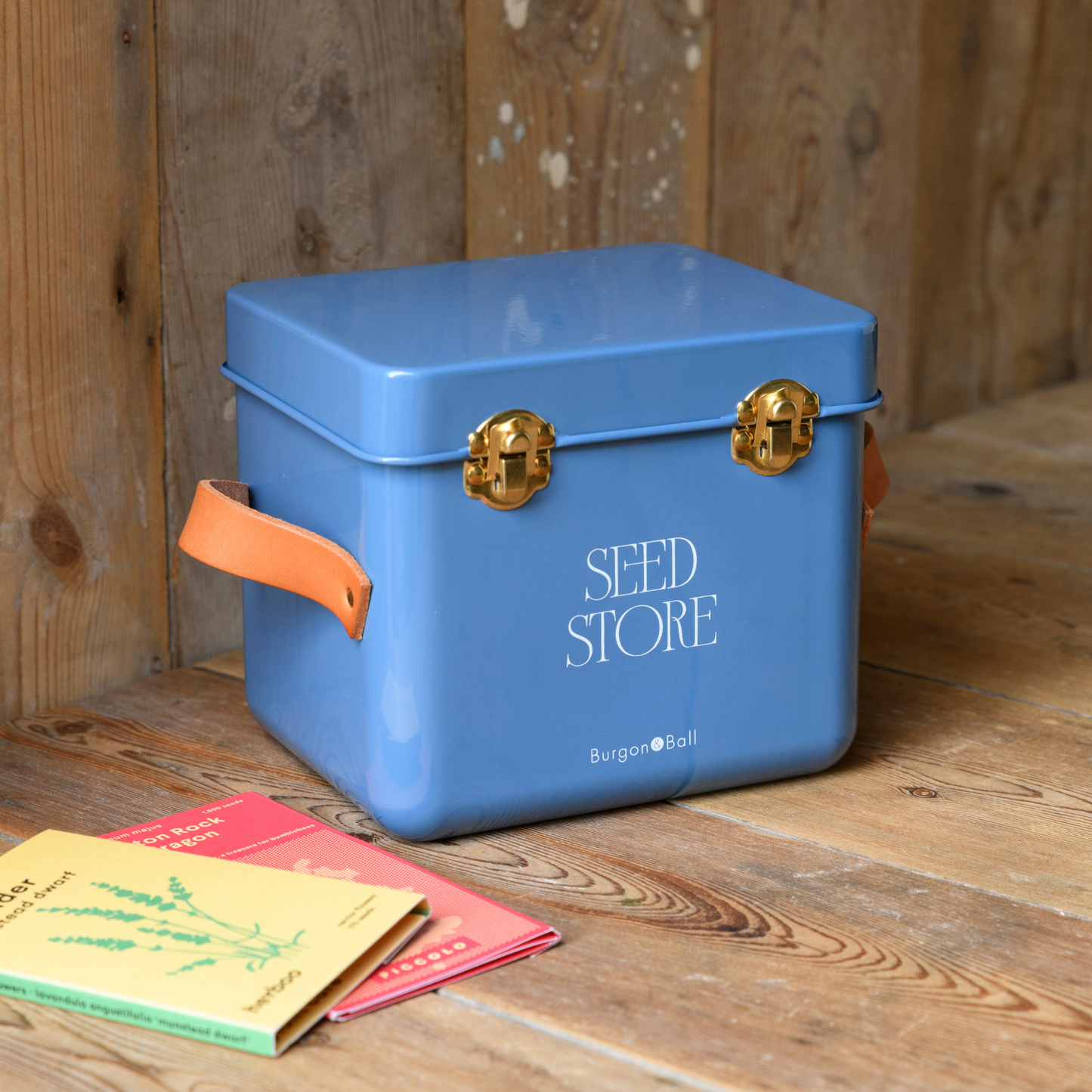 Burgon & Ball Mini Seed Packet Storage Tin, Cotswold Blue - Angle