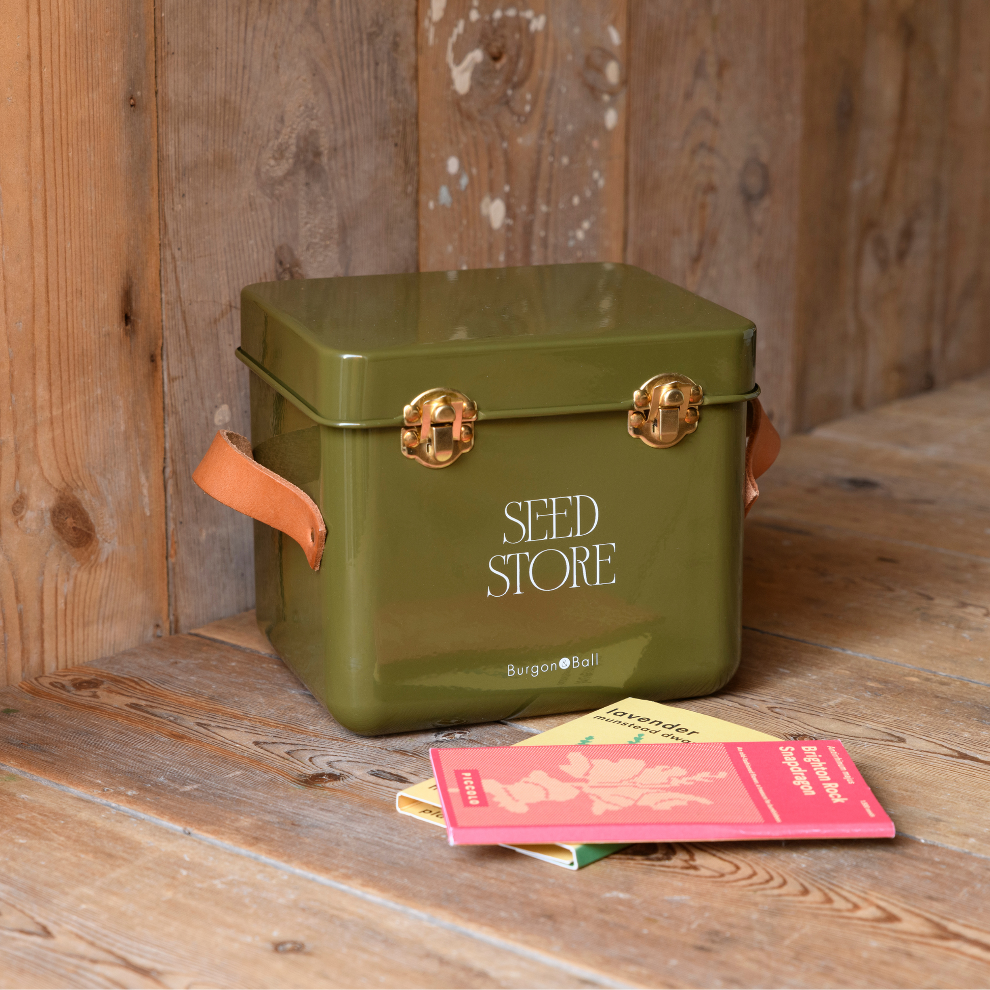 Burgon & Ball Mini Seed Packet Storage Tin, Olive Green - Angle