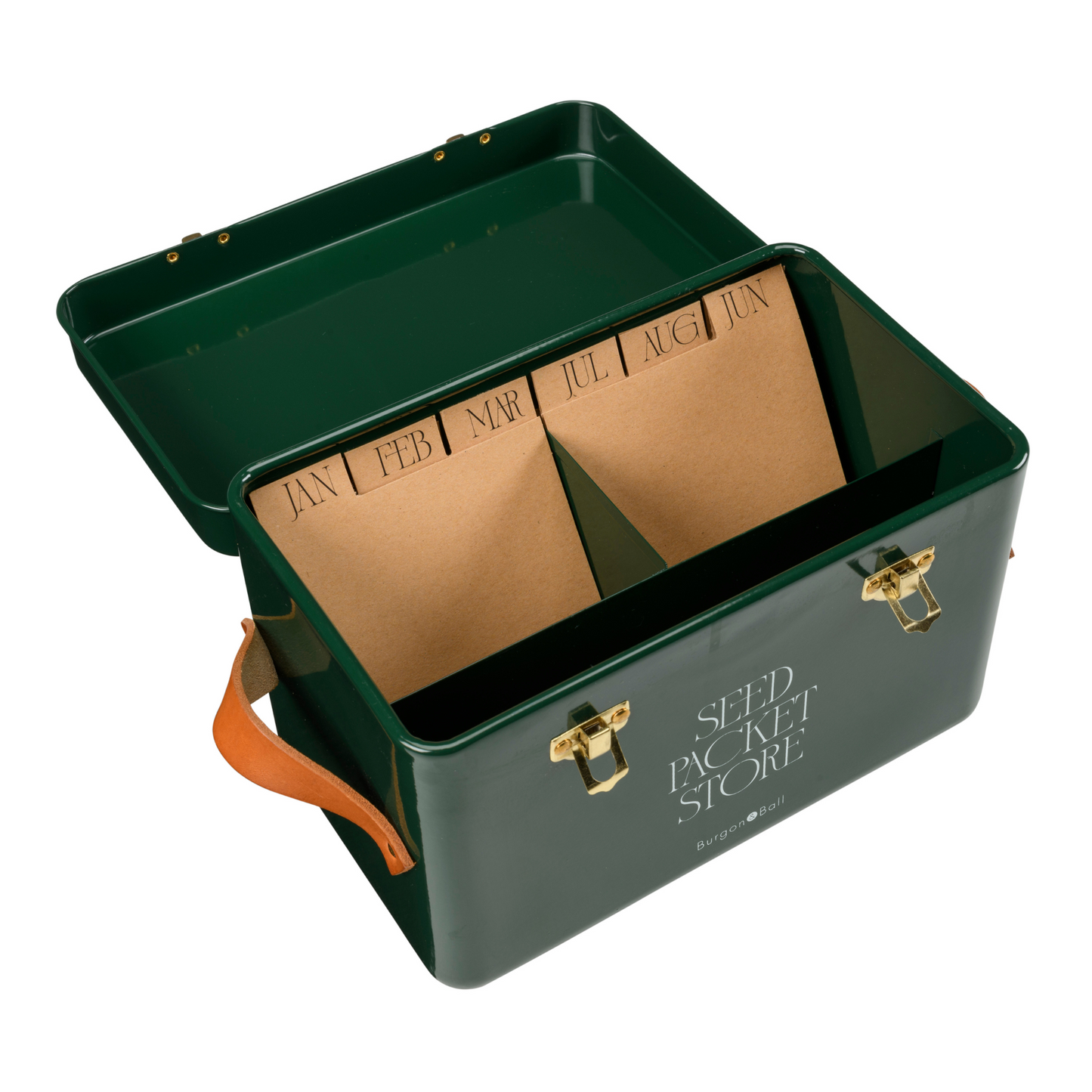 Heritage green seed tin with calendar index cards.