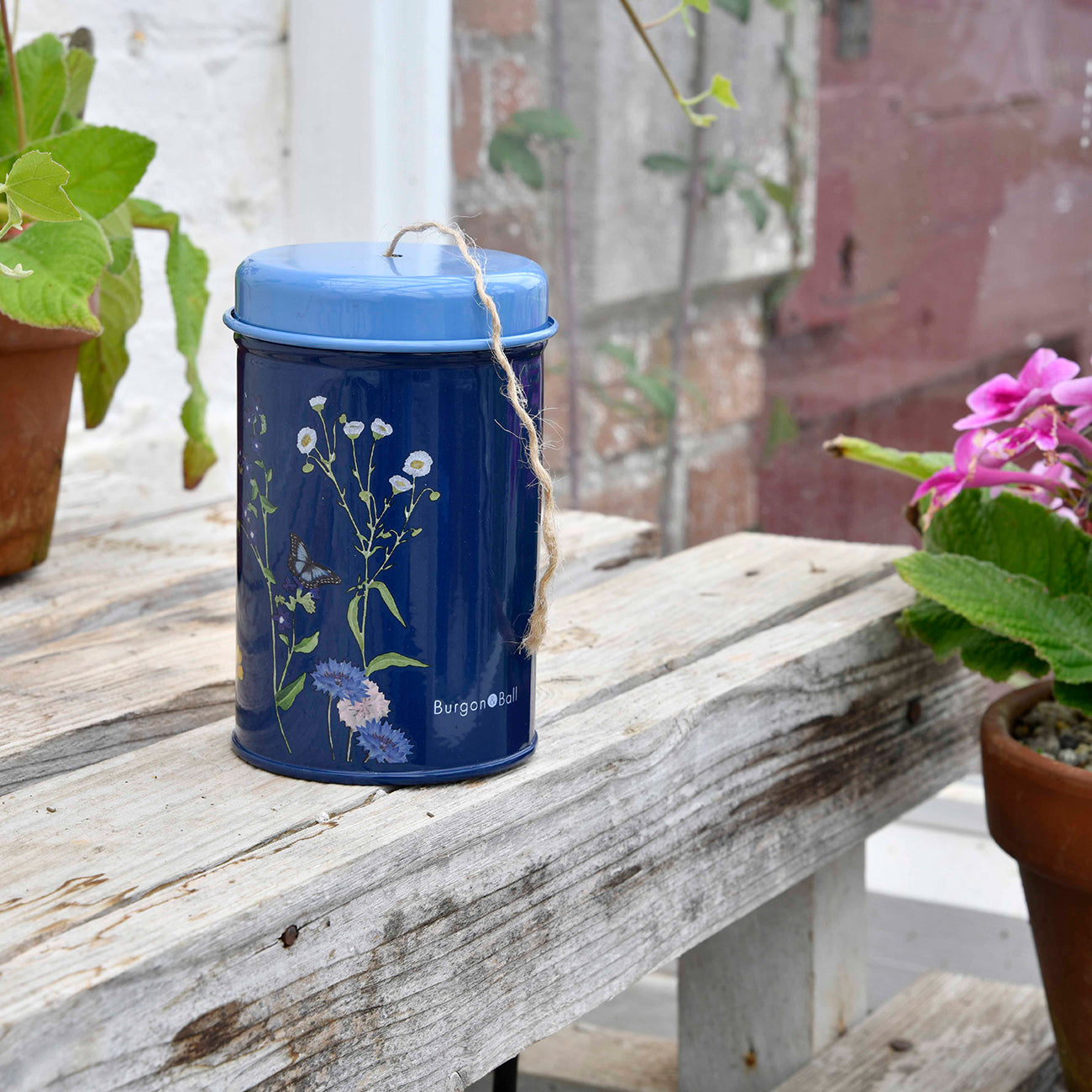Burgon & Ball British Meadow Twine in a Tin on Garden Bench