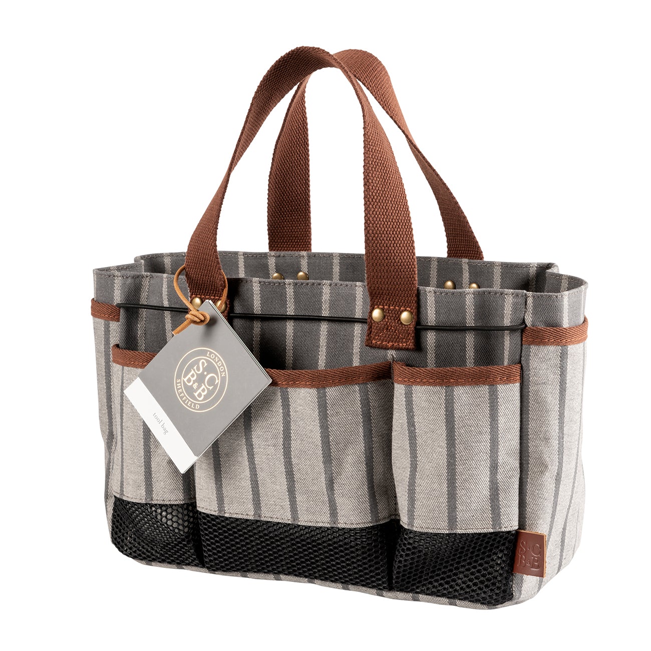Discerning gardeners can garden in style, with this gorgeous-but-very-practical tool bag in an understated grey ticking stripe.