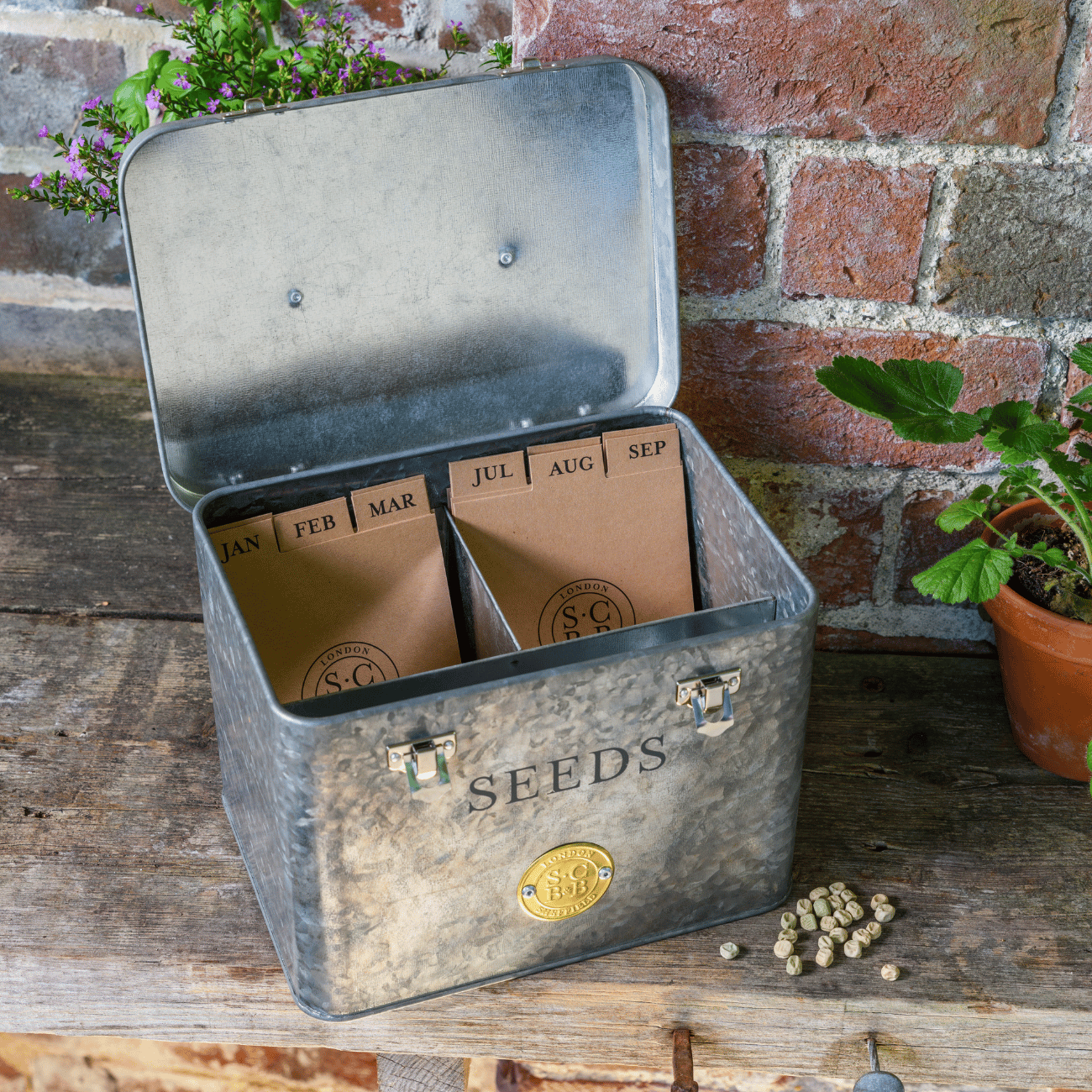 Metal seed storage box with labeled compartments on a wooden surface against a brick wall.