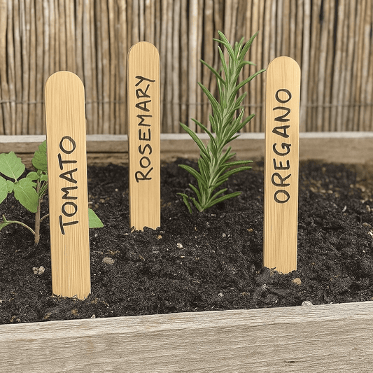 Bamboo Plant Labels in Garden Bed