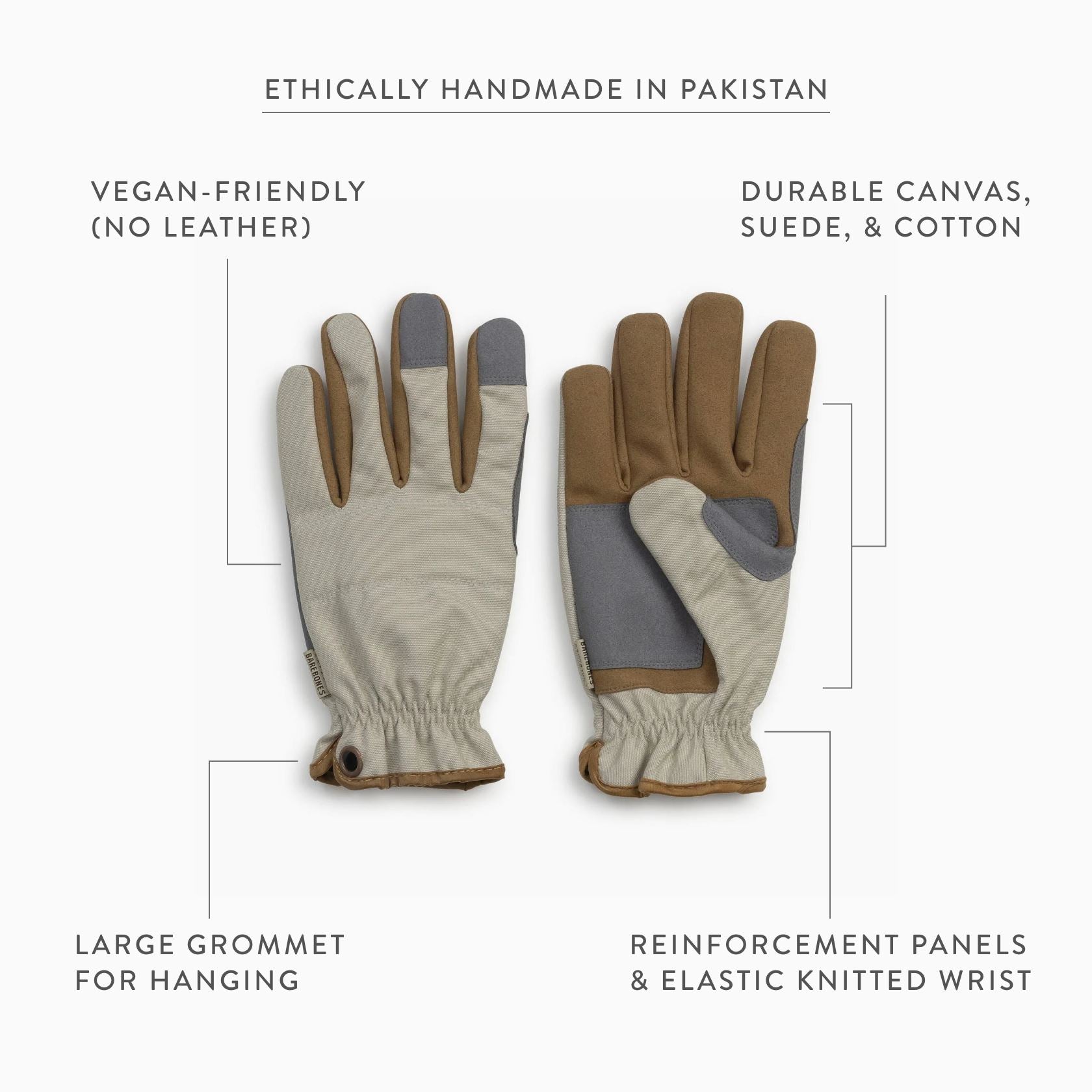 Pair of Barebones Leepa gardening gloves with text highlighting features like 'Ethically Handmade in Pakistan', 'Vegan-Friendly', 'Durable Materials', and 'Large Grommet'.