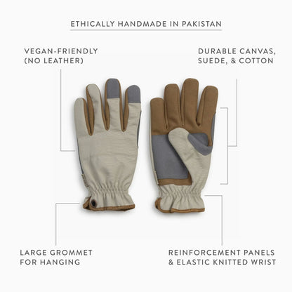 Pair of Barebones Leepa gardening gloves with text highlighting features like 'Ethically Handmade in Pakistan', 'Vegan-Friendly', 'Durable Materials', and 'Large Grommet'.