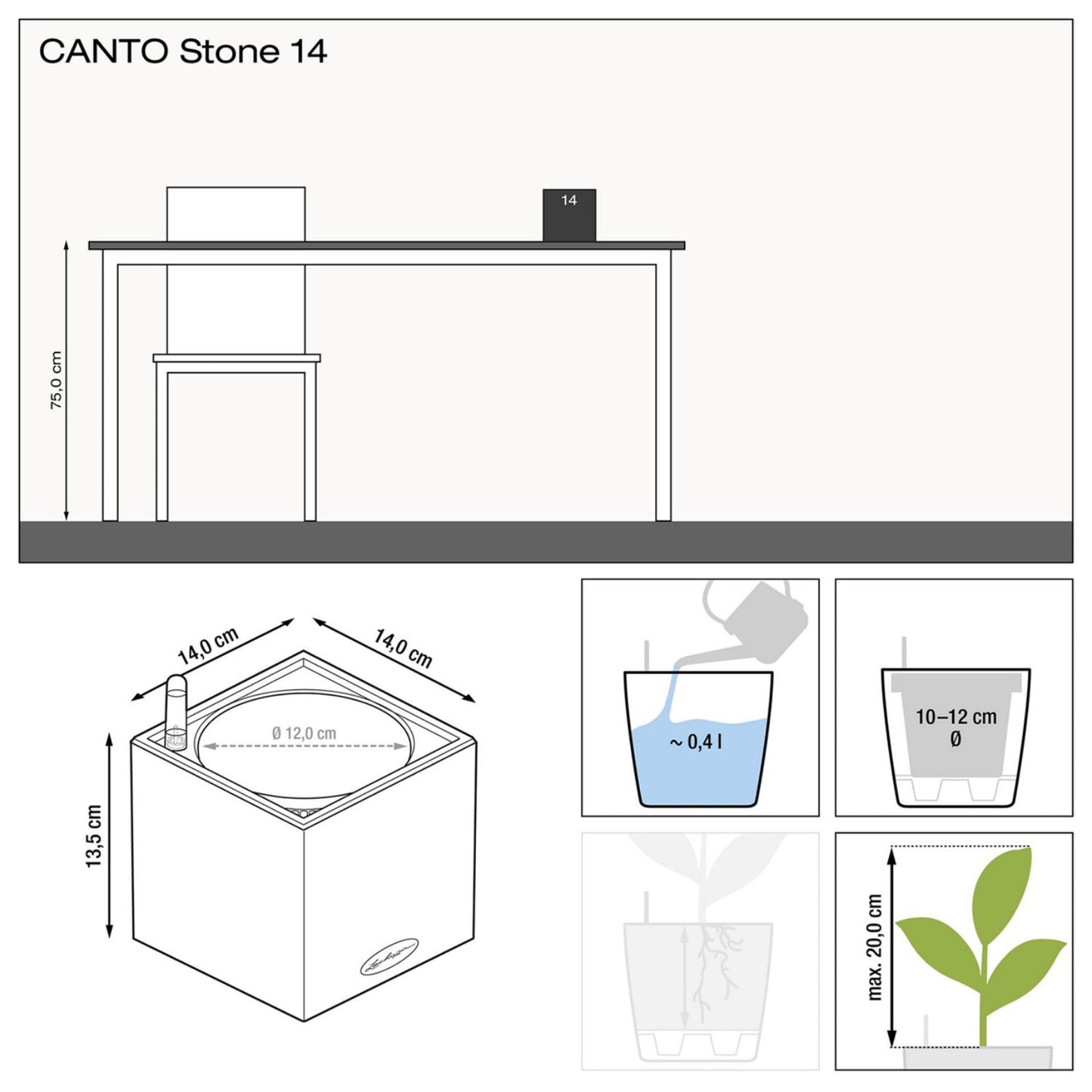 Lechuza CANTO Stone 14 Planter Dimensions