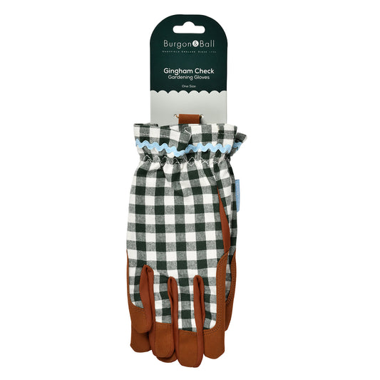 Gingham check gardening gloves in heritage green.