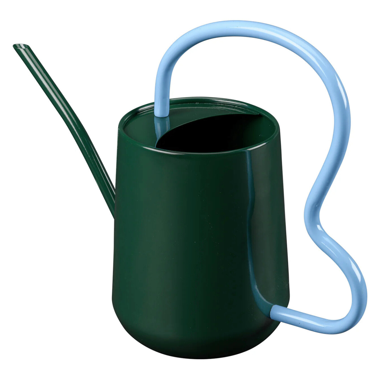 Burgon & Ball green indoor watering can with curvy blue handle.