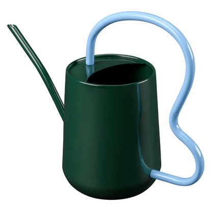 Burgon & Ball green indoor watering can with curvy blue handle.