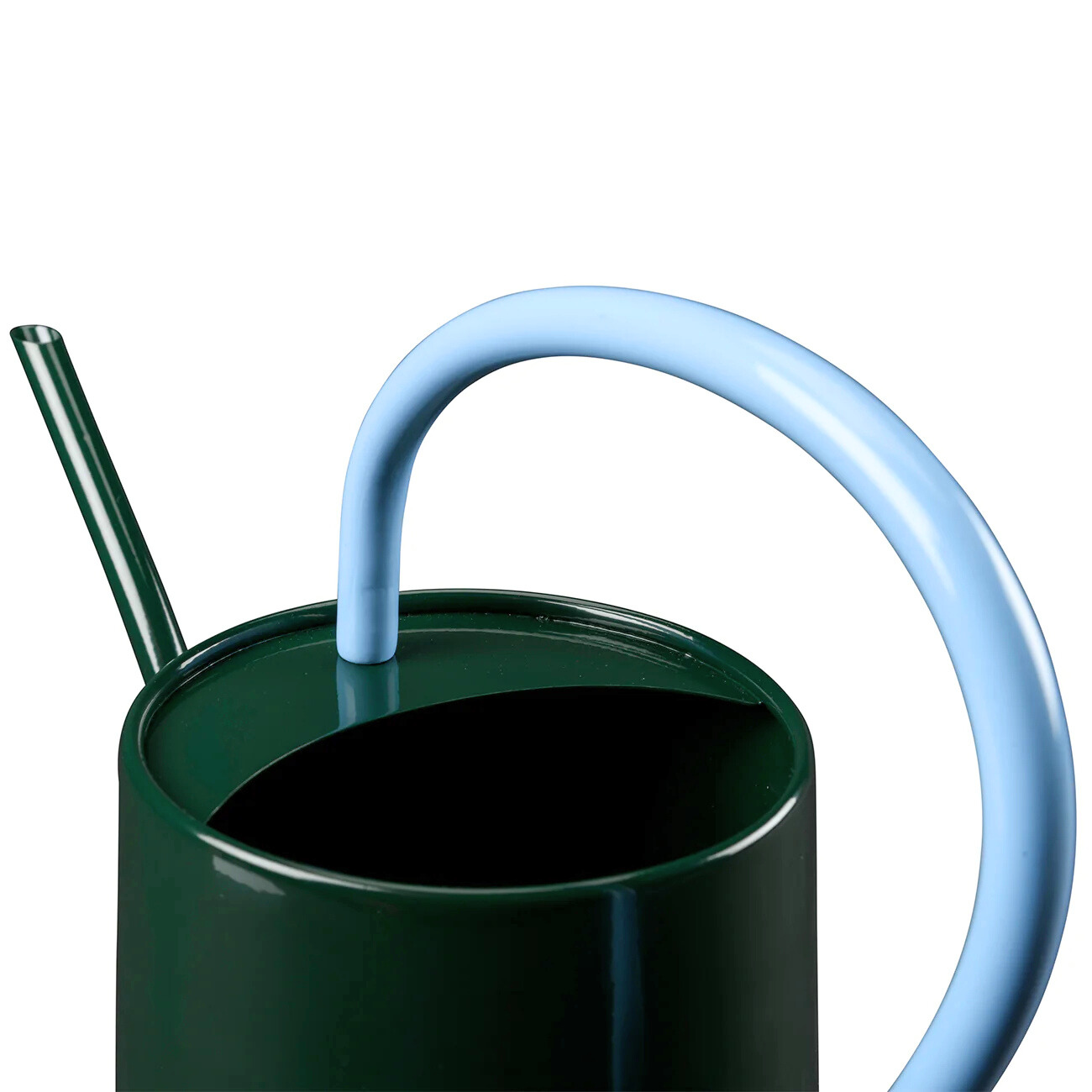 Green watering can with light blue handle.