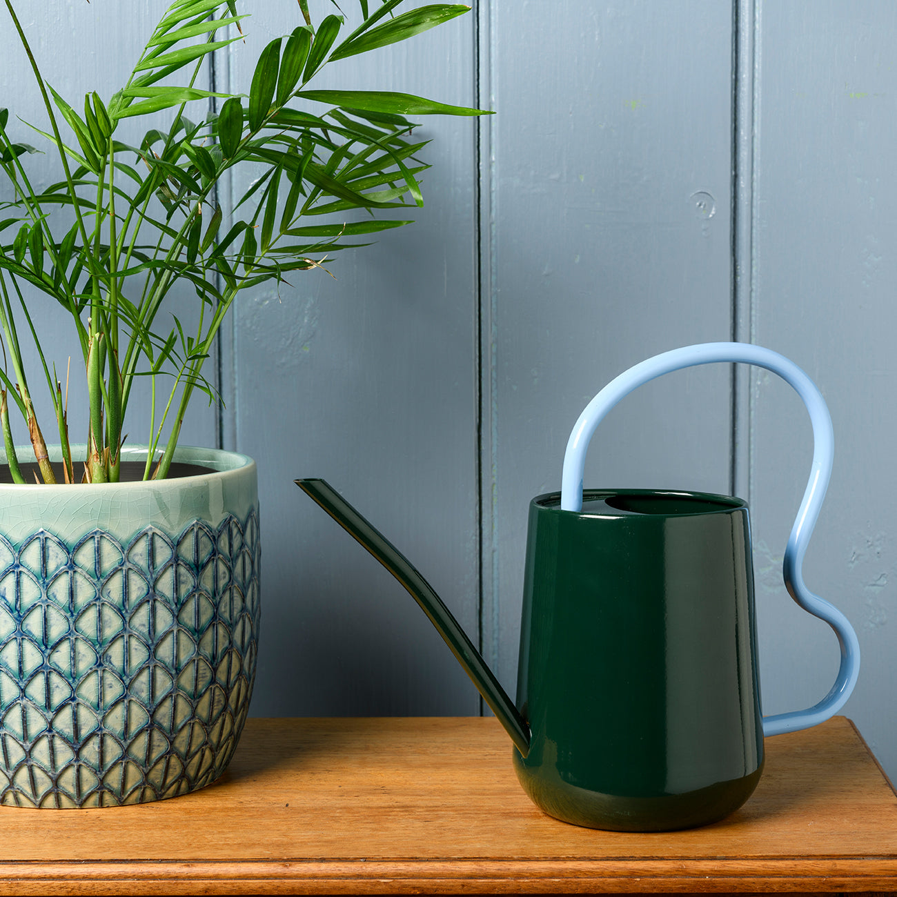 Dark green Burgon & Ball indoor watering can next to a potted plant on a wooden surface.
