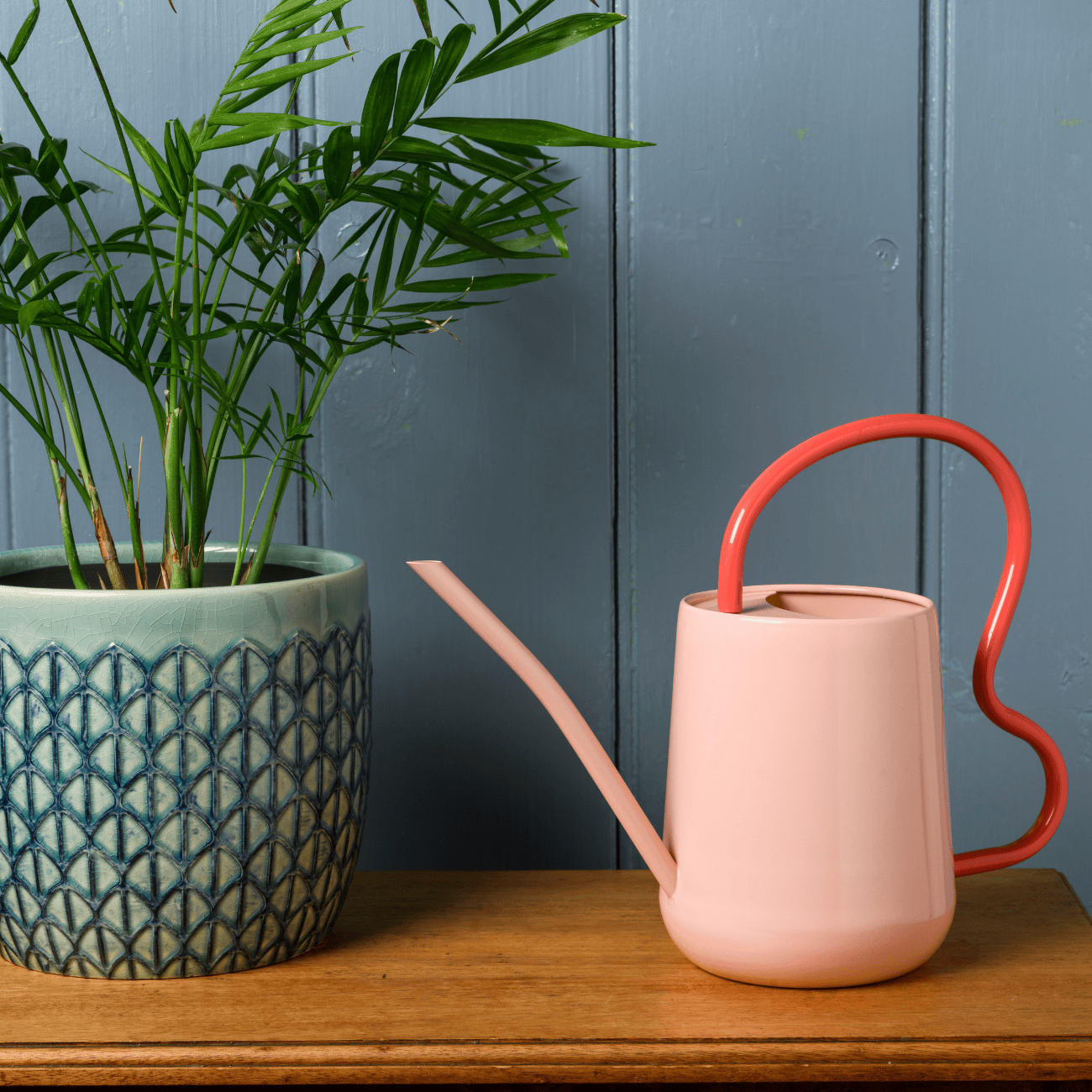 Pink Burgon & Ball indoor watering can next to a potted plant on a wooden surface.