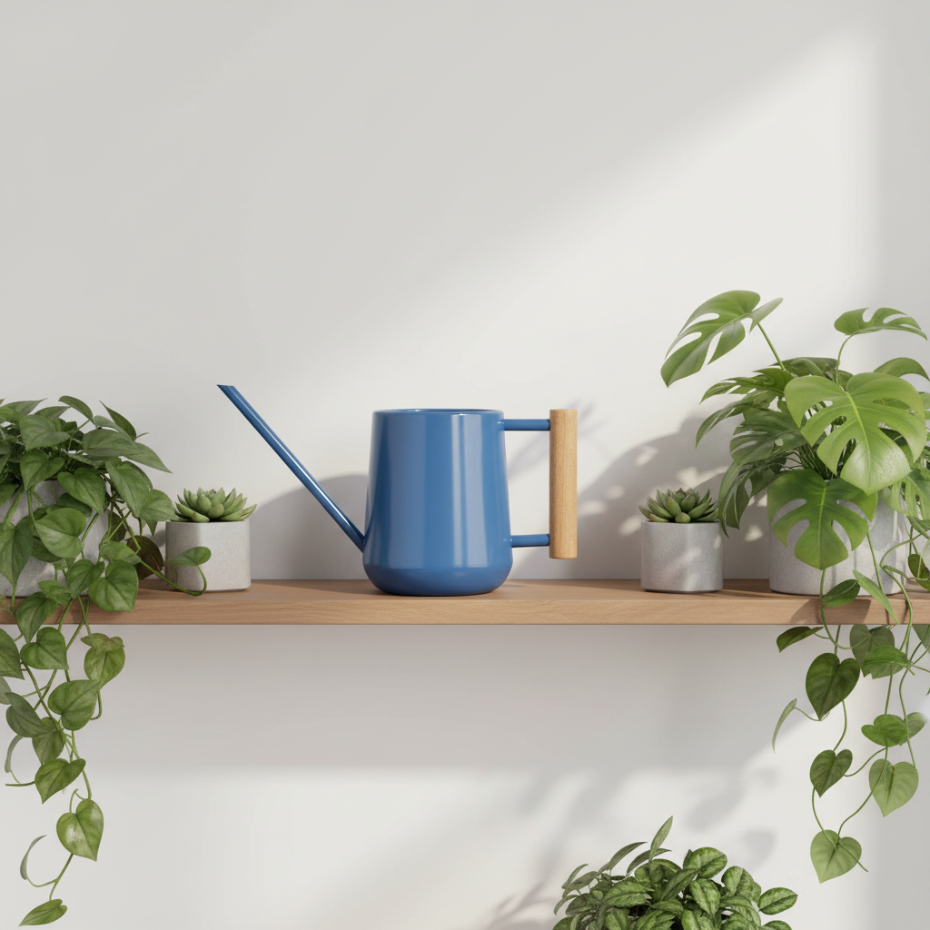 Burgon & Ball Cotswold Blue Indoor Watering Can on Shelf with Plants