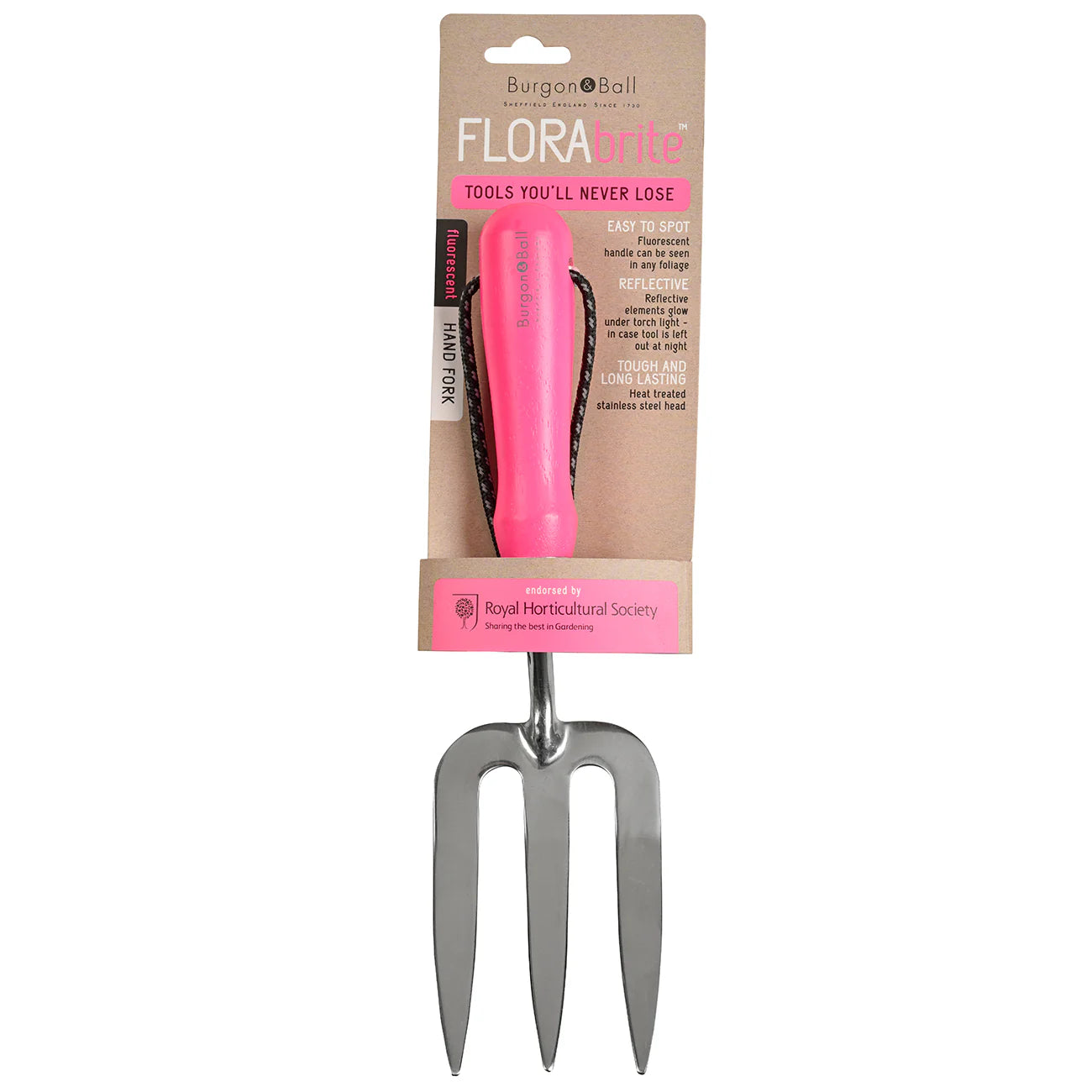 Burgon & Ball FloraBrite® Pink RHS Hand Fork Packaging