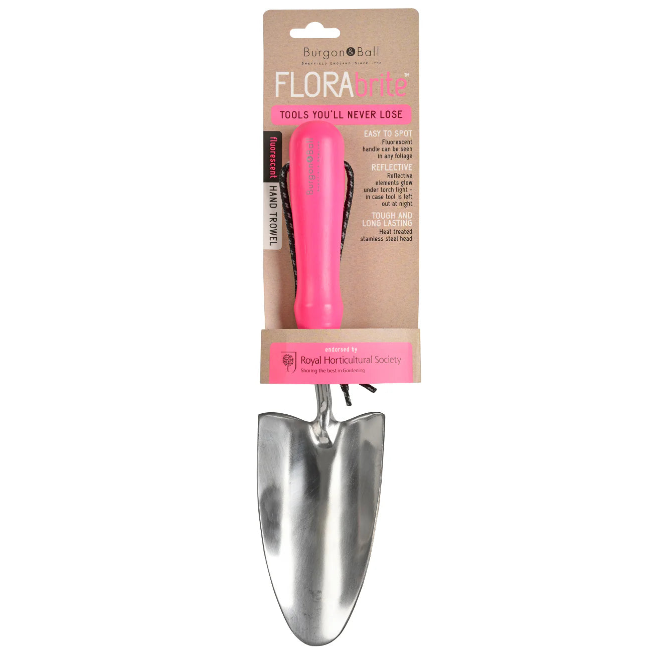 Burgon & Ball FloraBrite® Pink RHS Hand Trowel Packaging