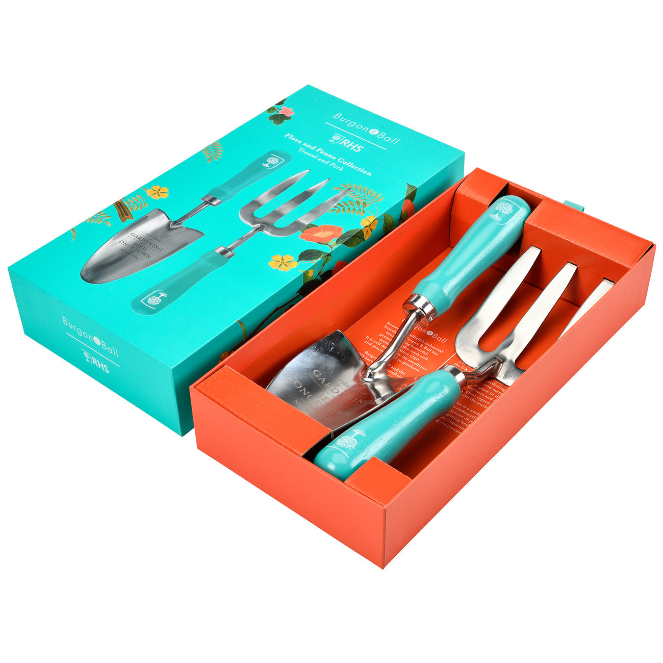 Burgon & Ball RHS 'Flora & Fauna' Trowel & Fork Set, Gift Box Contents