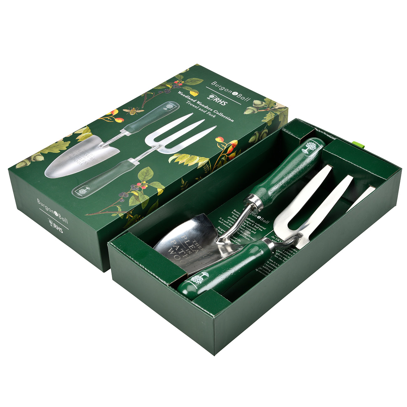 Burgon & Ball RHS 'Woodland Wonders' Trowel & Fork Set Gift Box Contents