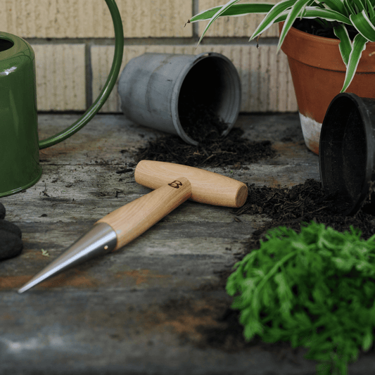 Traditional Garden T-Shaped Dibber on Potting Bench