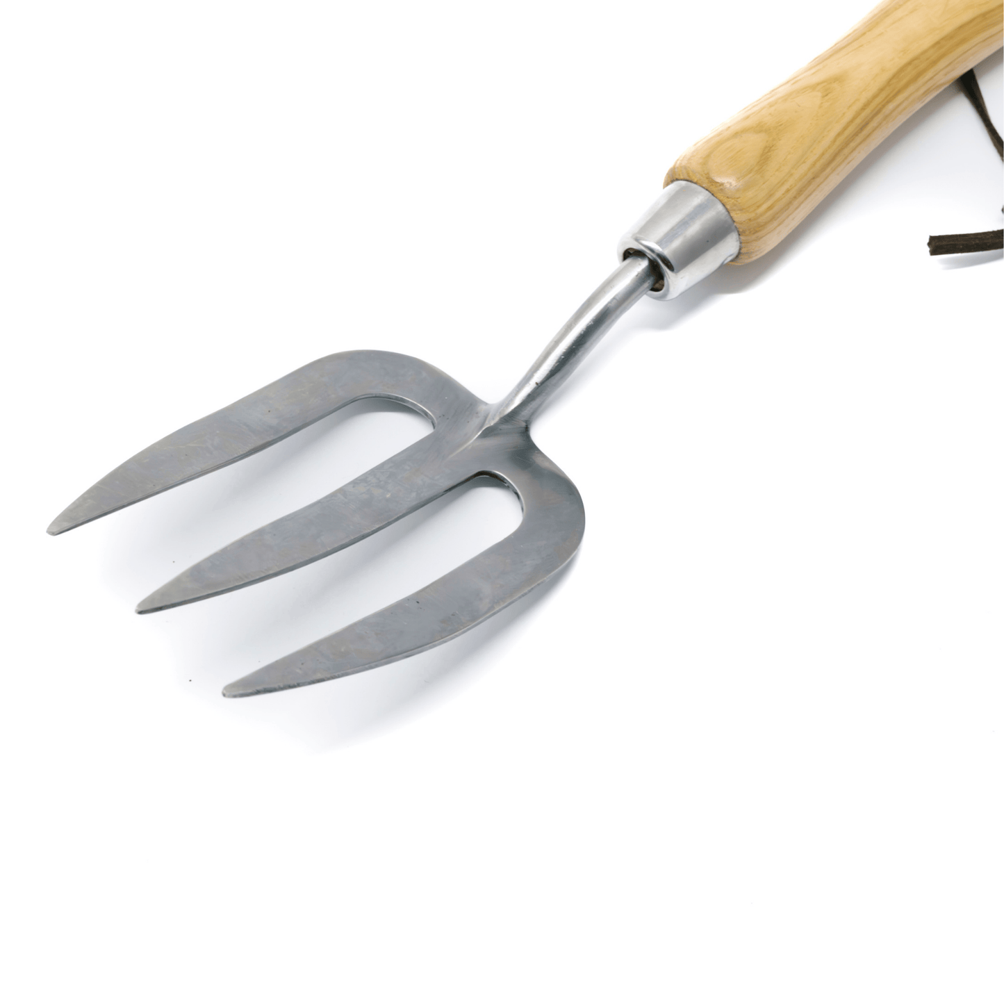 Garden fork with wooden handle on a white background.