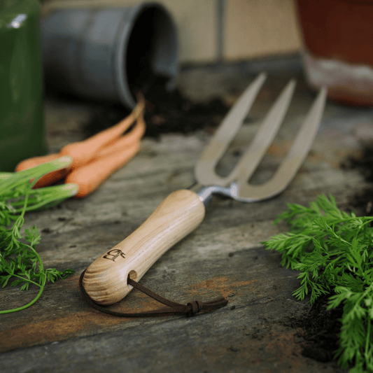 Gardening fork with wooden handle on a wooden surface with carrots and plants.