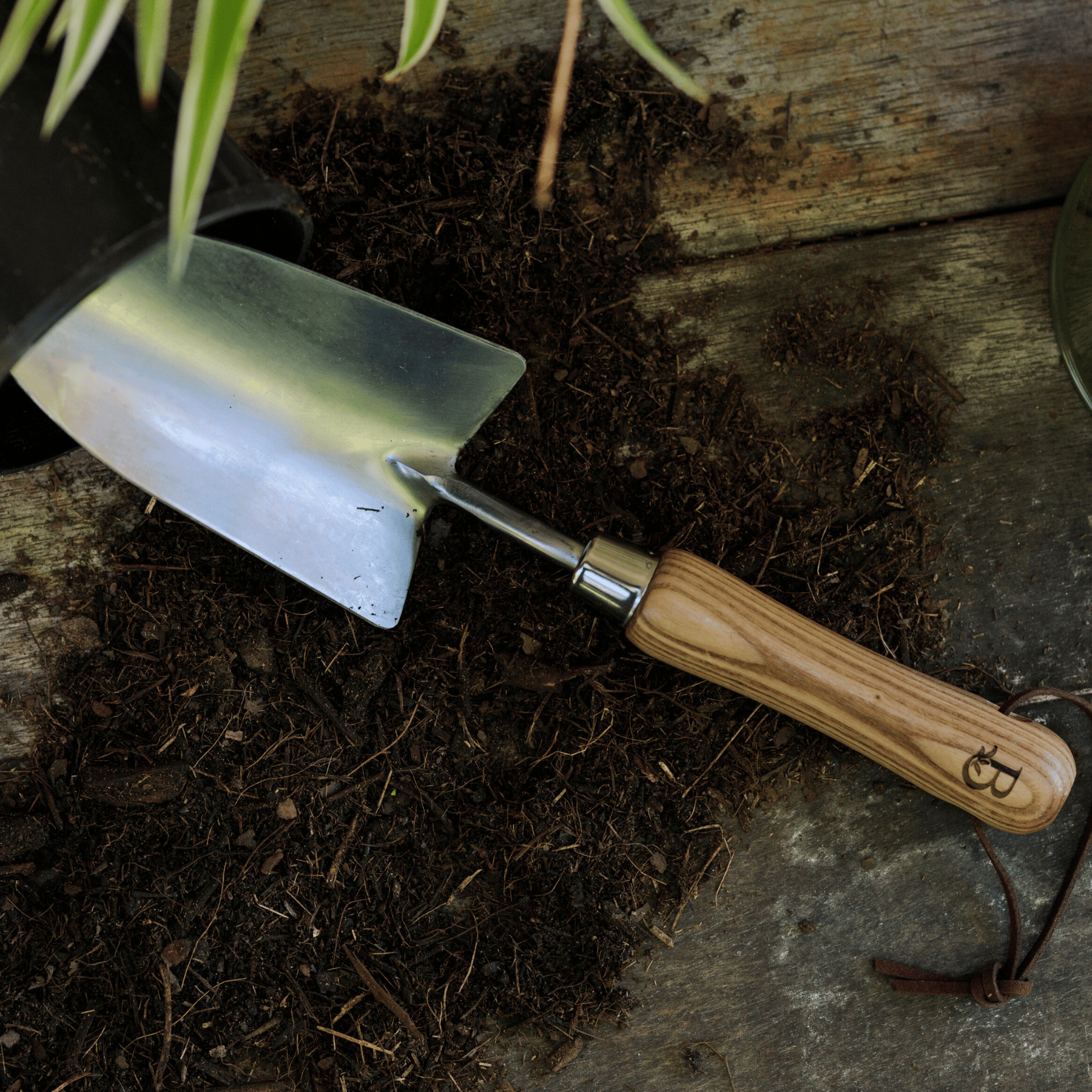 Garden trowel poking out of plant pot with soil.