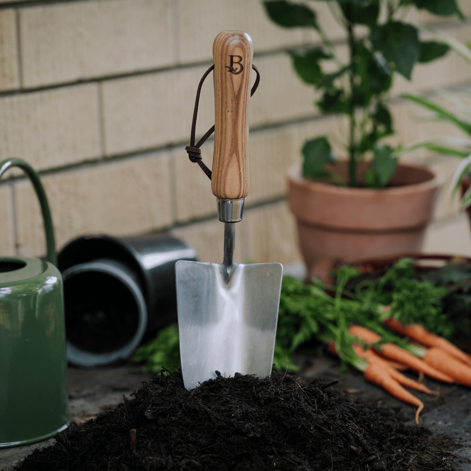 Garden Hand Trowel in mound of soil.