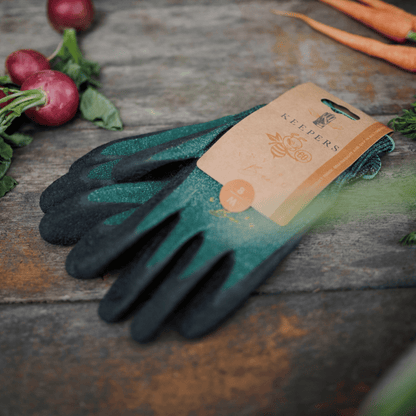 Keepers Enviro Bee Eco carbon-neutral gardening gloves with header card.