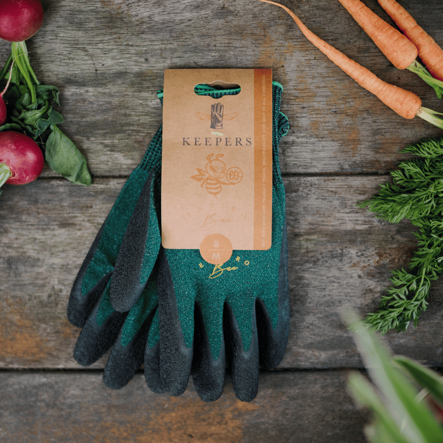 Keepers Enviro Bee Gardening Gloves product packaging.