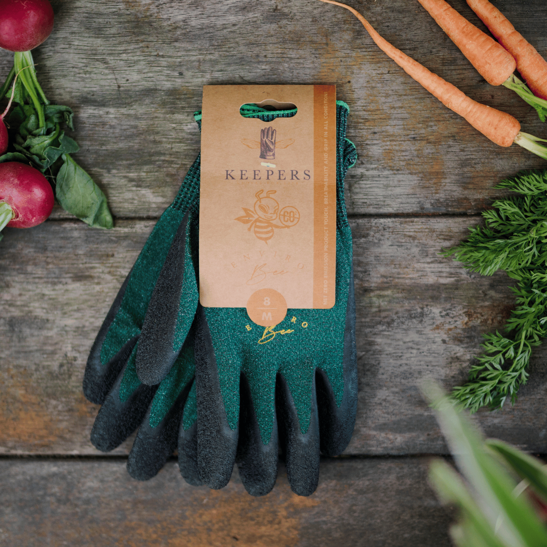 Keepers Enviro Bee Gardening Gloves product packaging.