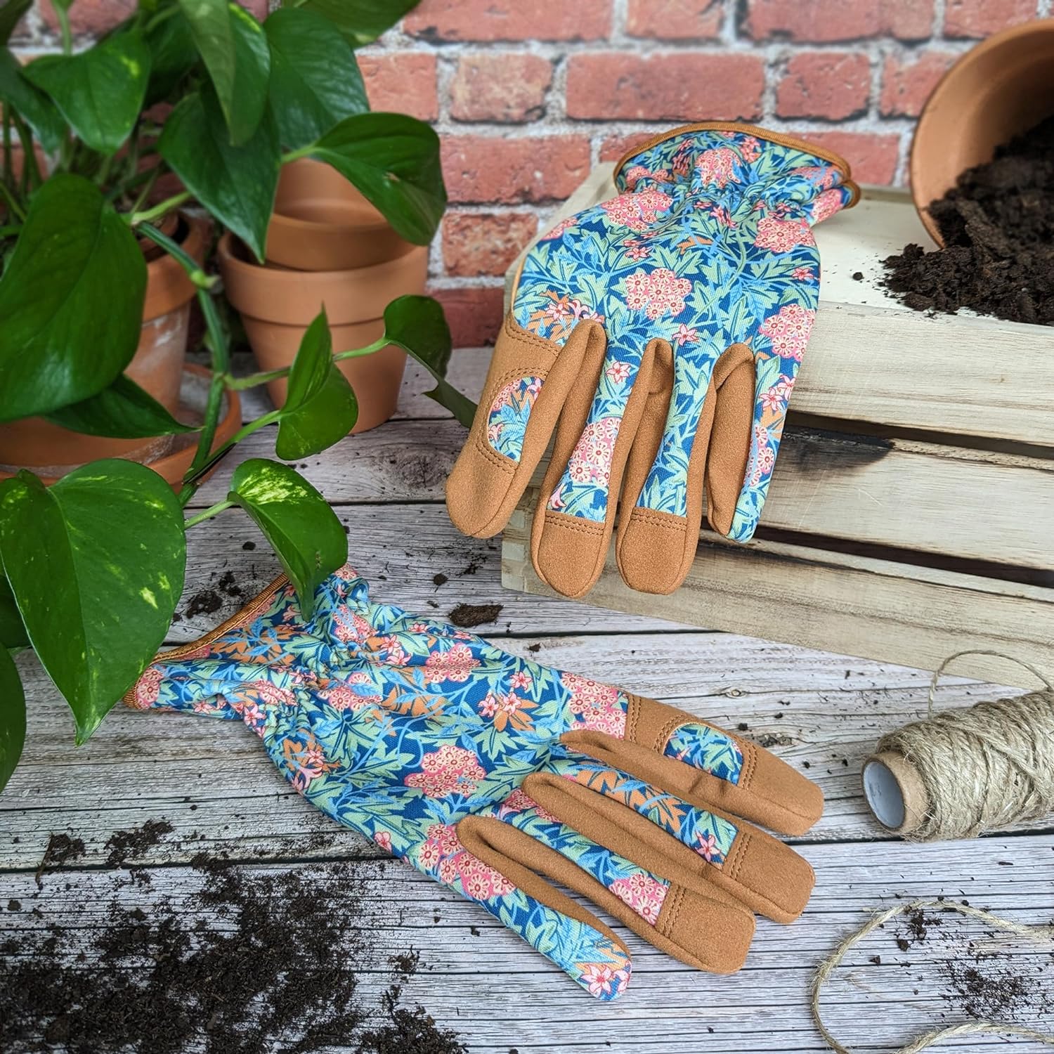 Orange Grove Jasmine Garden Gloves on Potting Bench