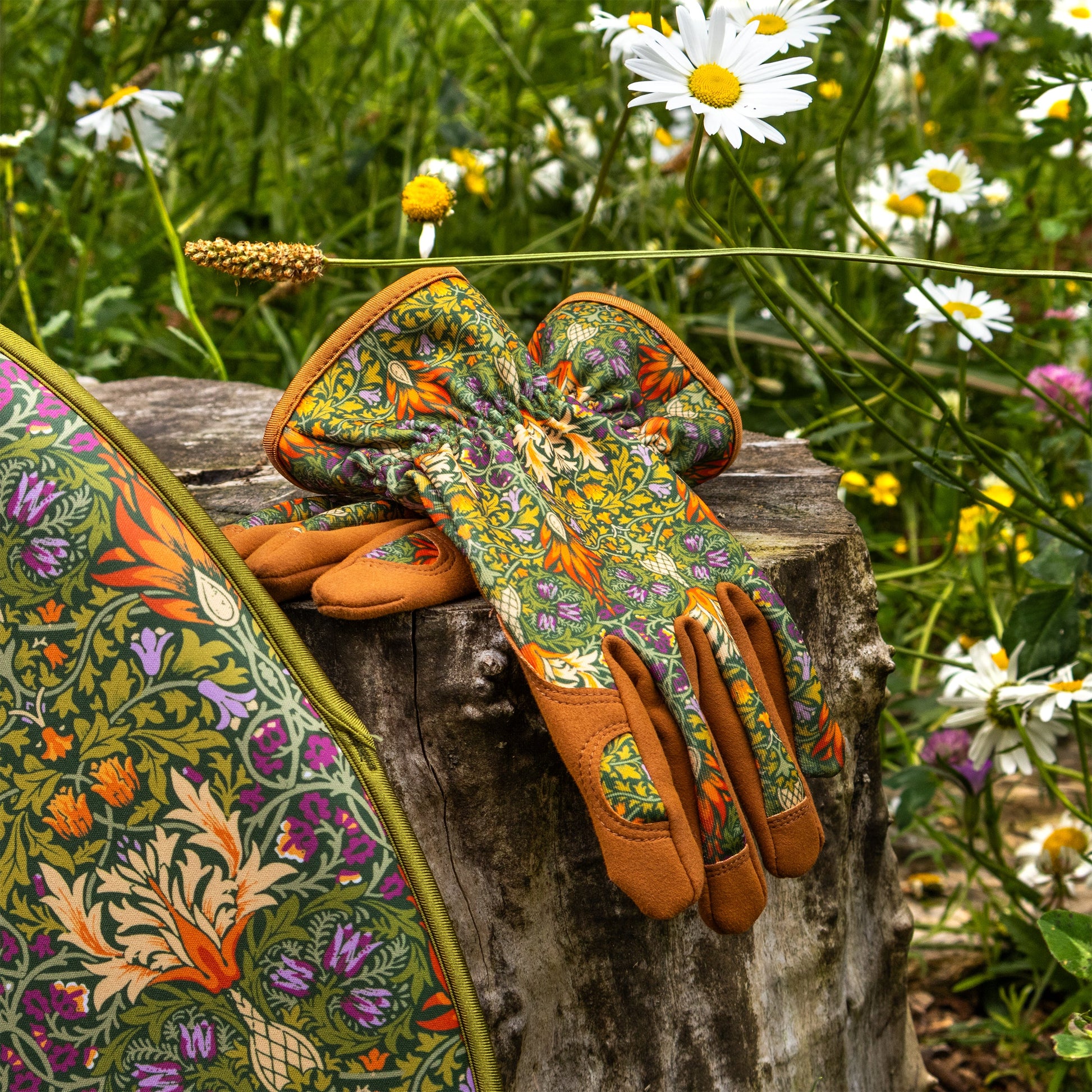 Orange Grove William Morris Snakeshead Gloves on Log