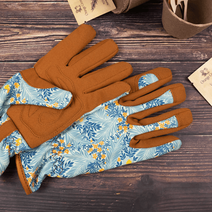 Orange Grove William Morris Larkspur Gloves on Bench