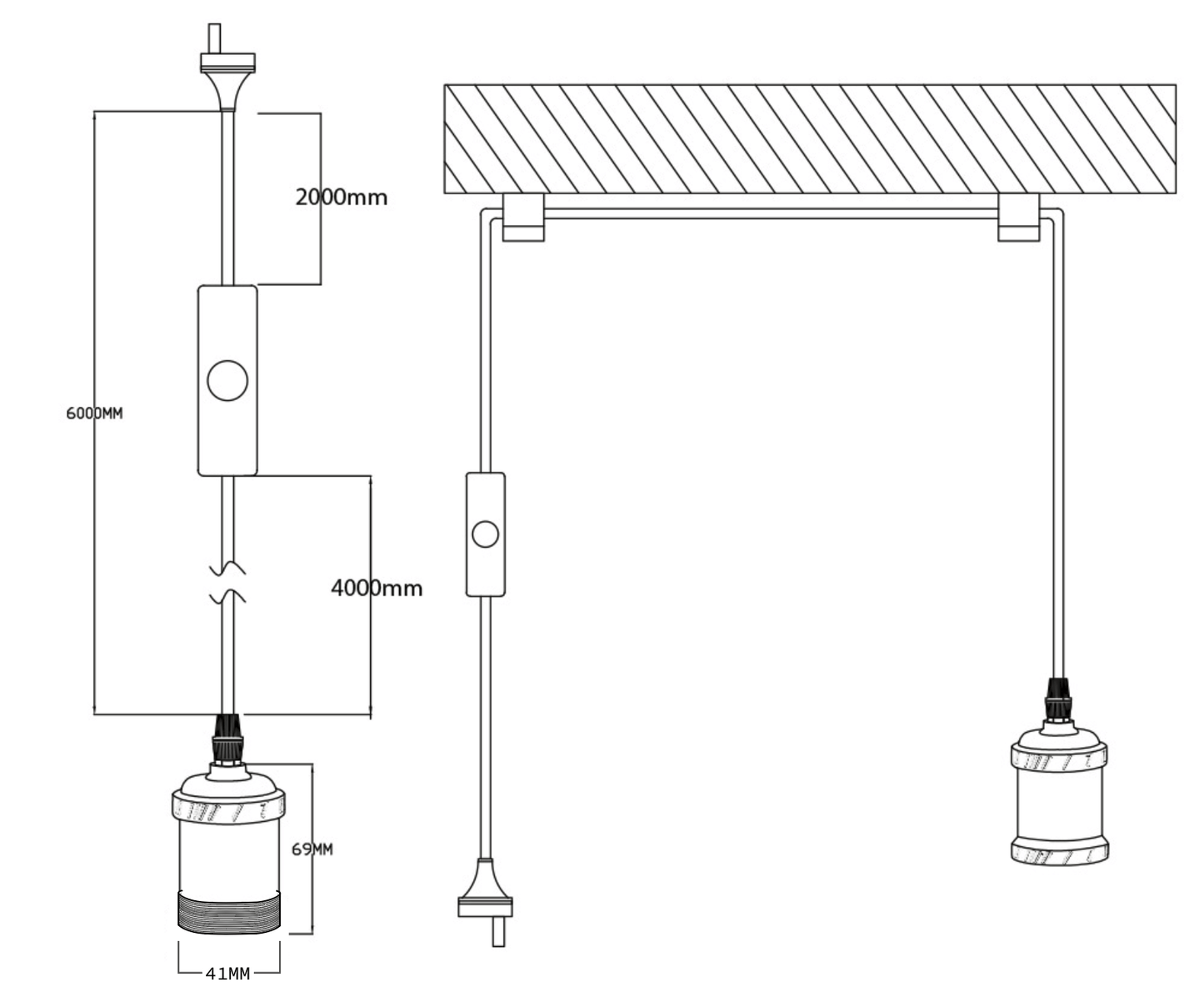 Plug-In Pendant for Bare Bulb Dimensions