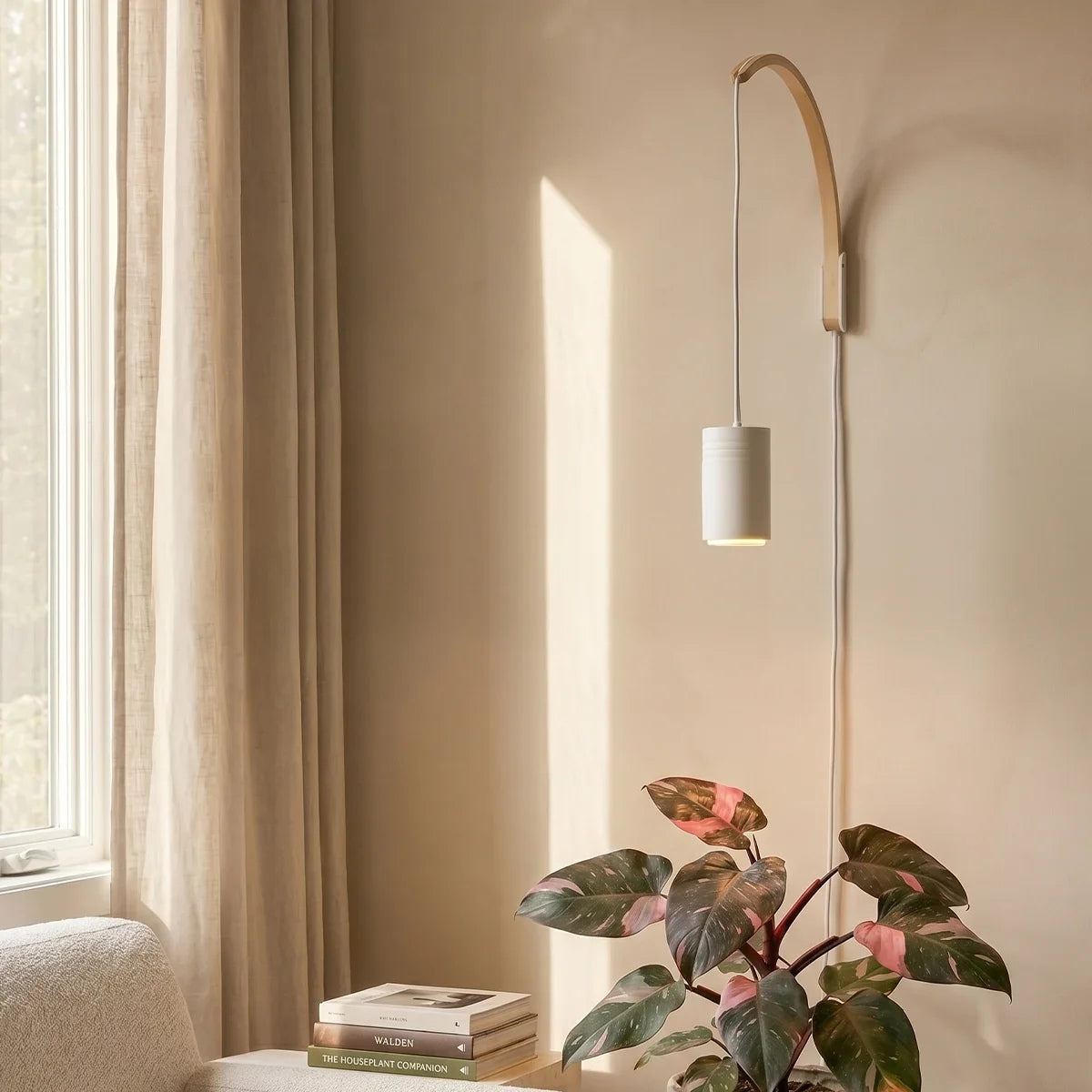 Soltech Luna natural wooden wall arm holding a pendant grow light suspended above a potted indoor houseplant.