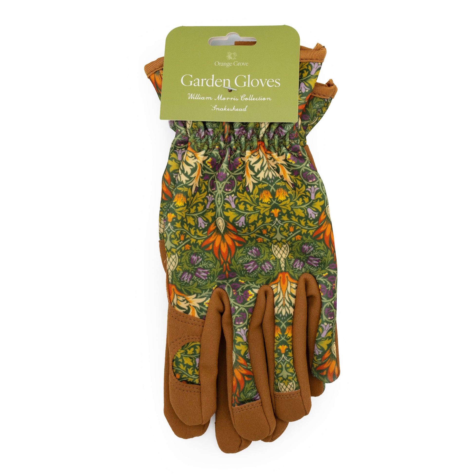 Orange Grove Women's Garden Gloves, William Morris Snakeshead Green - Header Card