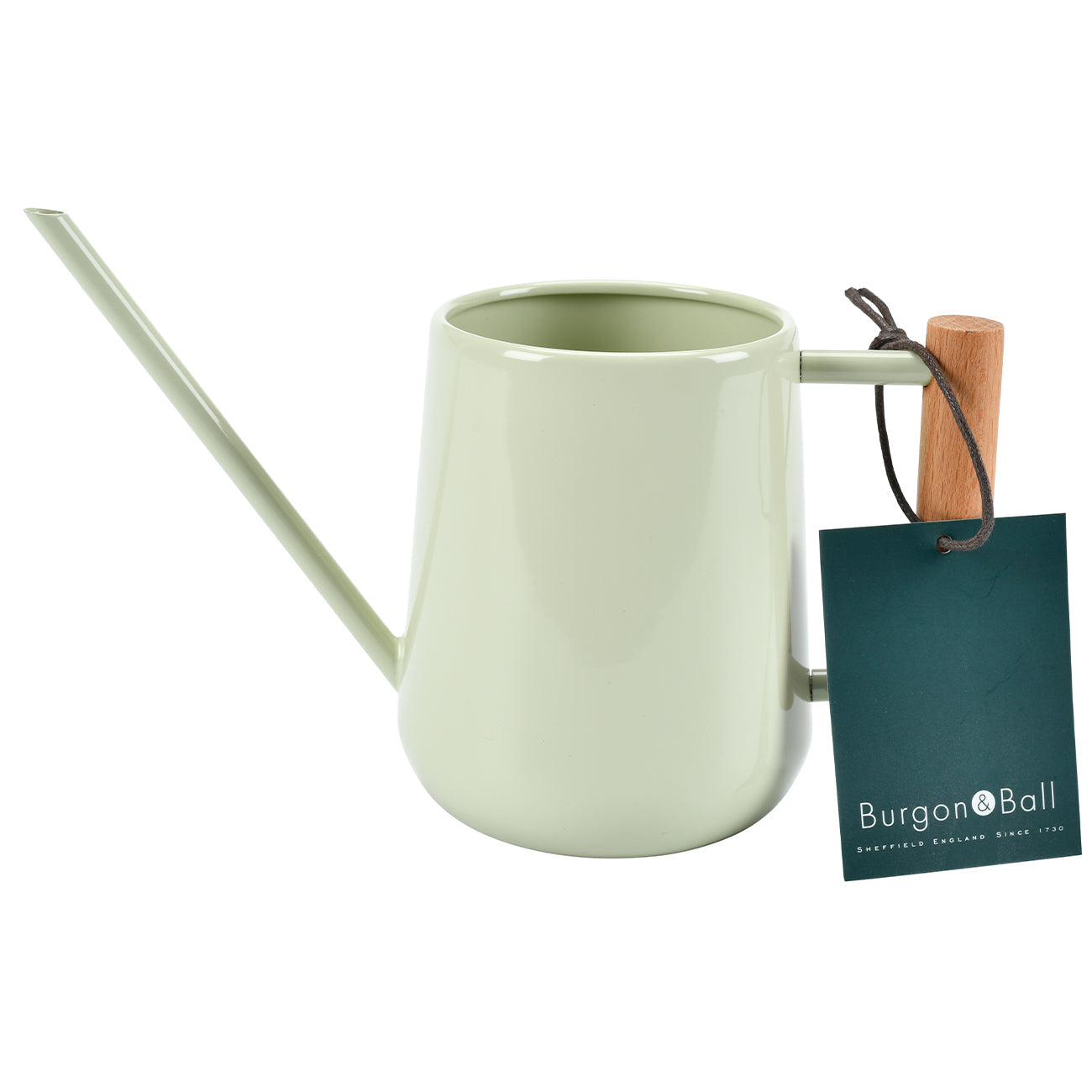 Burgon & Ball Small Indoor Watering Can in Pale Jade with product tag.