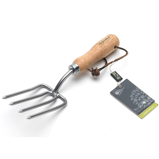 Burgon & Ball stainless steel round tined hand fork endorsed by the Royal Horticultural Society.