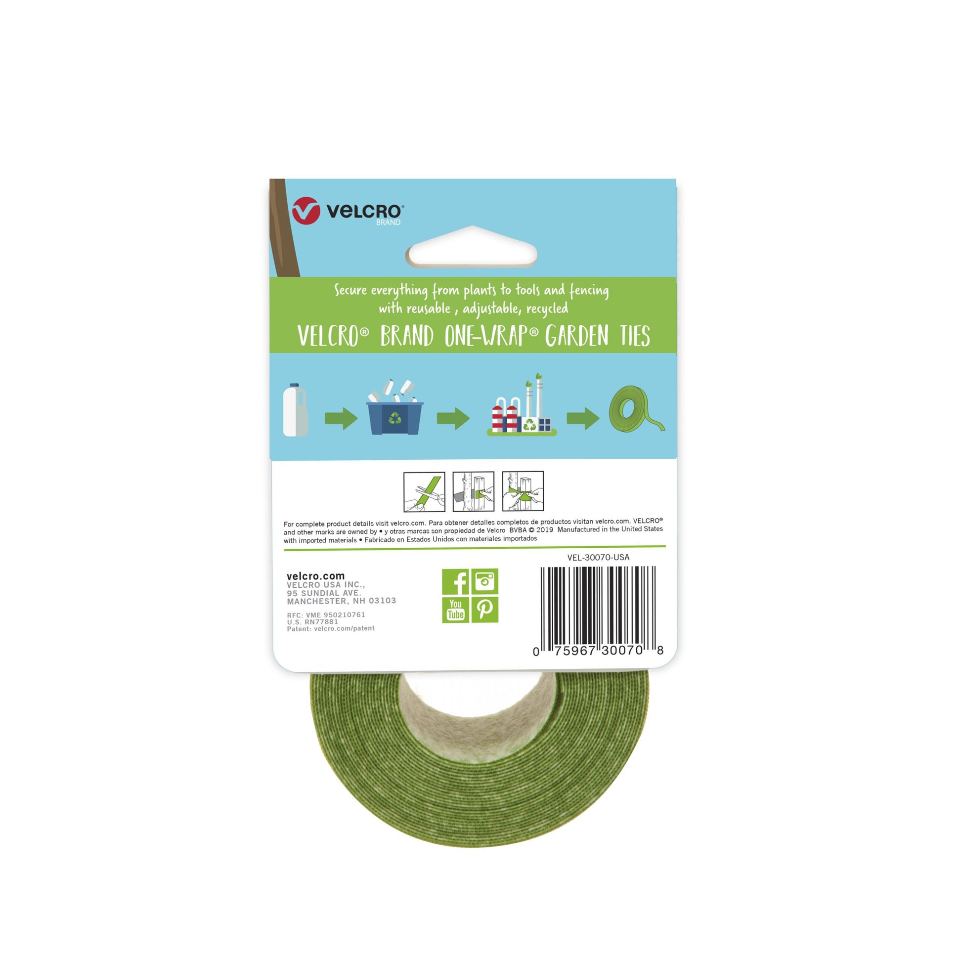 VELCRO® Brand ONE-WRAP® Garden Tree Ties are made in the US from 65% recycled plastic.